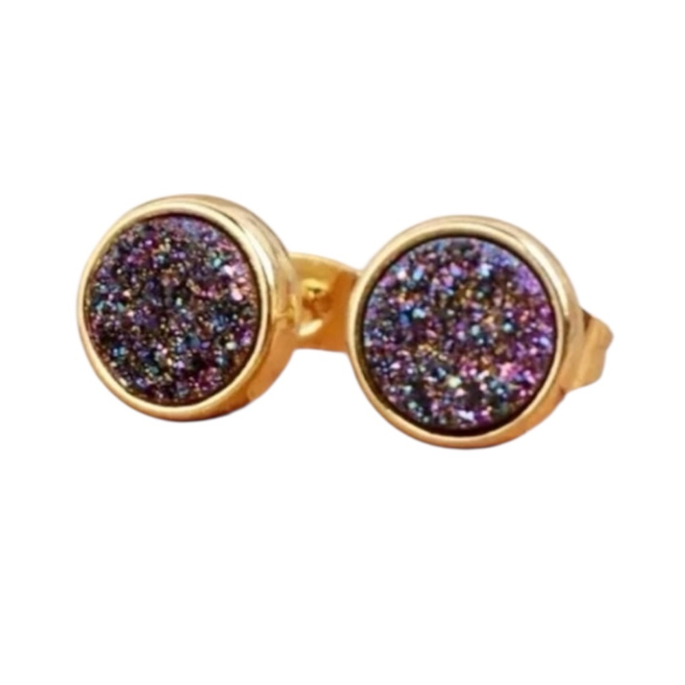 Rainbow Drusy Gold Stud Earrings